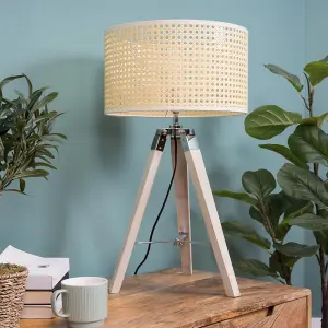 ValueLights Clipper Modern Distressed Wood and Silver Chrome Tripod Table Lamp with Cream Rattan Shade