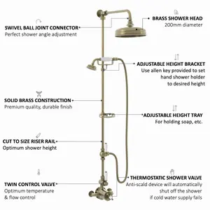 ENKI Downton Antique Brass Traditional 2-Outlet Brass Thermostatic Shower Set with Diverter 200mm