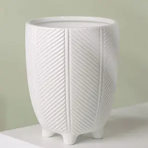 Tall Ceramic Planter Plant Pot With Feet White Stripe 15 x 15 x 19cm