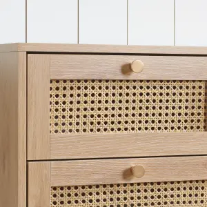 Brown Oak Chest of 7 Drawers Rattan Mid Century Modern