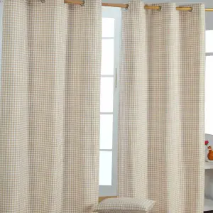 Homescapes Beige Cotton Gingham Eyelet Curtains 117 x 137 cm