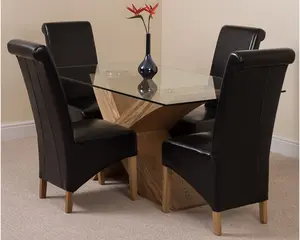 Valencia 160 cm x 90 cm Glass Dining Table and 4 Chairs Dining Set with Montana Black Leather Chairs