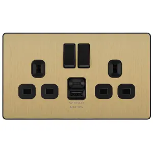 BG Satin Brass Double 13A 12W Raised slim Switched Screwless Socket with USB, x2 & Black inserts