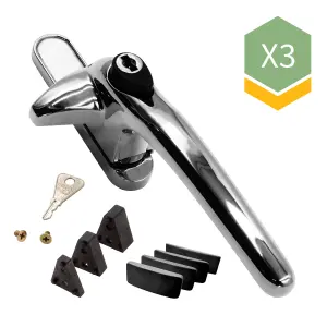 Universal Cockspur Window Handle Kit (3 Pack) - Right, Polished Chrome/Black