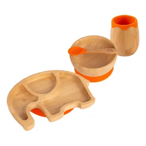 Tiny Dining - Elephant Bamboo Suction Baby Feeding Set - Orange - 4pc