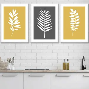 Set of 3 Yellow Grey Graphical Leaves Wall Art Prints / 50x70cm / White Frame