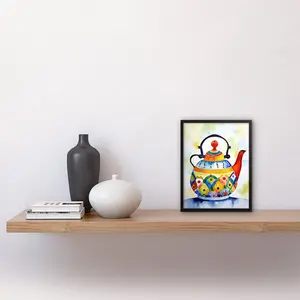 Enamelled Patterned Teapot Tea Kettle Folk Art Watercolour Painting Artwork Framed Wall Art Print 9X7 Inch