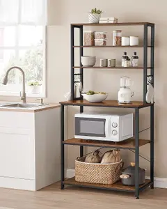 VASAGLE Tall Baker's Rack, Kitchen Storage Unit with Shelves, 6 Hooks & Metal Frame, Microwave Stand, Rustic Brown & Black