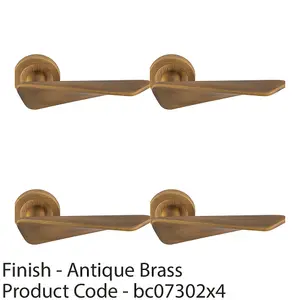 4 PACK - Premium Angle Twist Door Handle Set - Antique Brass Designer Lever on Round Rose