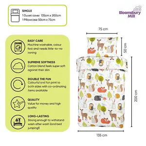 Bloomsbury Mill - Woodland Animals Kids Single Bed Duvet Cover and Pillowcase Set - Single - 135 x 200cm