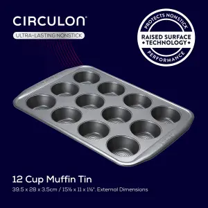 Circulon Momentum Grey Rectangular Carbon Steel Dishwasher Safe Non-Stick 12 Cup Muffin Tin