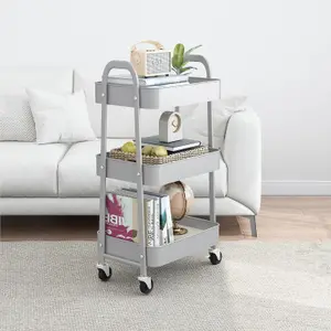 simpa 3 Tier Metal Multipurpose Wheeled Storage Cart - GREY