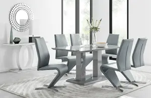 Imperia Grey High Gloss 6 Seater Dining Table with Structural 2 Plinth Column Legs And 6 Elephant Grey Faux Leather Willow Chairs