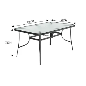 Black Rectangular Tempered Glass Tabletop Metal Outdoor Garden Coffee Table with Parasol Hole 150cm