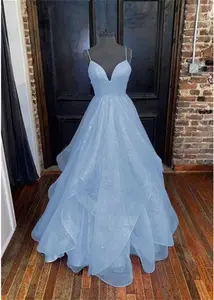 Stacees Sparkly Prom Dresses A-Line Princess Sleeveless Sweetheart - Sky Blue