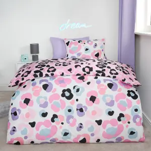 Leopard Reversible Duvet Cover Set Quilt Pillowcases Bedding, Pink - Double