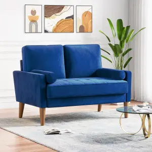 121CM Velvet Love Seat Blue Couch with 2 Pillows