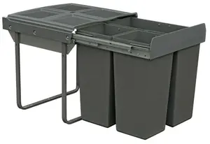 Dark Grey Integrated Under Counter Kitchen Pull Out Bin for 400mm Wide Cabinet 2 x 20L Compartments Base Mounted