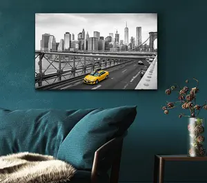 New York On The Bridge Yellow Cab Canvas Print Wall Art - Medium 20 x 32 Inches