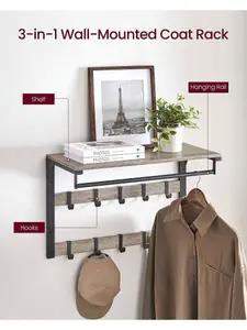 VASAGLE Wall-Mounted Coat Rack, Wall Shelf With 10 Removable Hooks, Clothes Rail, Coat Hooks With Shelf, For Entryway, Bedroom