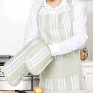 Vintage Style Blue Stripe Adult Cooking Kitchen Apron with Oven Glove Set