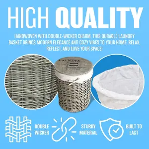 Set Of 3 Laundry Wicker Baskets With Lids Hamper Washing Bin Clothes Storage Bedroom Multi Usage Includes Lids & Liner