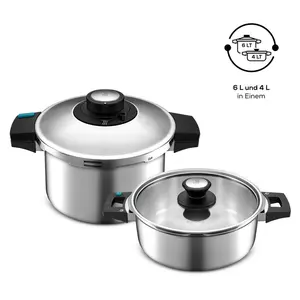 Karaca Quick and Safe 2-Piece Stainless Steel Induction Pressure Cooker Set, 4L+6L, Black Silver