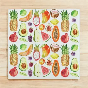 Watercolour Fruits Square Glass Worktop Protector - Smooth Board Kitchen Chopping Board with Non-Slip Feet