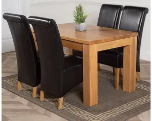 Dakota 127 x 82 cm Chunky Oak Small Dining Table and 4 Chairs Dining Set with Montana Black Leather Chairs