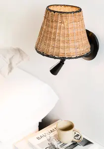 Luminosa Sumba Black, Rattan Shade Wall Lamp With Reading Light 3000K