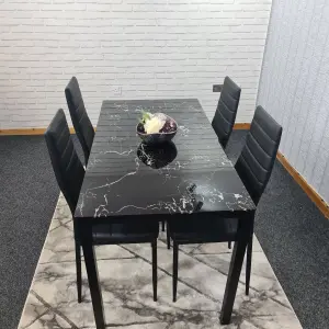 Black Marble Effect Dining Table and 4 Black PU Faux Leather Metal Chairs Dining Table Set