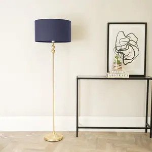 ValueLights Maggie Gold Metal Candlestick Floor Lamp with Navy Blue Fabric Lamp Shade and LED Bulb