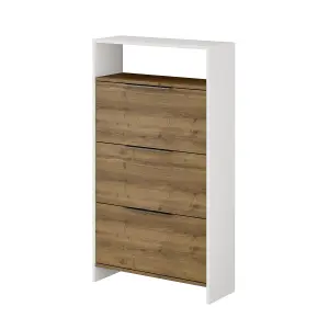 Decortie Kaju Shoe Cabinet 3 Drop-doors 1 Shelf Modern Shoe Storage Solution Dark Oak Effect White H 139cm