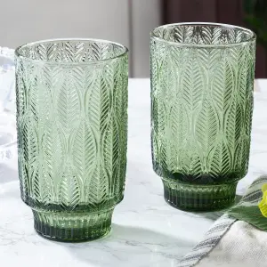 Set of 8 Vintage Luxury Green Trailing Leaf Drinking Tall Tumbler Glasses 450ml