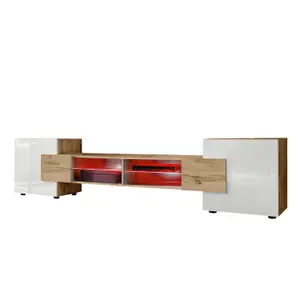 Bridge Wide TV Unit with Storage & Led Lighting - White Gloss / Wotan Oak