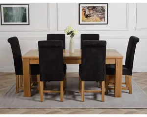 Dakota 182 x 92 cm Chunky Oak Large Dining Table and 6 Chairs Dining Set with Washington Black Fabric Chairs