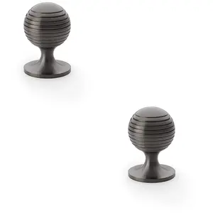 2 PACK - Reeded Ball Door Knob - 38mm Diameter Dark Bronze Lined Cupboard Pull Handle