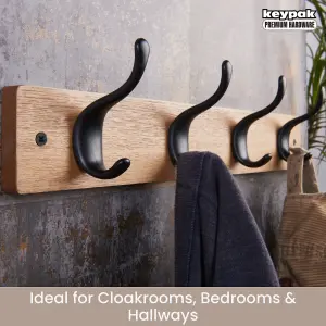 Keypak 4 Matte Black Coat Hooks on Ash Effect Wooden Board - 46cm Modern Wall Mounted Coat Rack Clothes Hanger