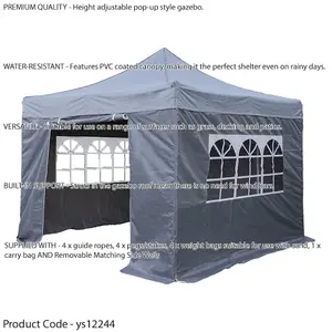 Durable 3x3m Grey Pop-Up Gazebo with Waterproof Side Walls for Outdoor Events