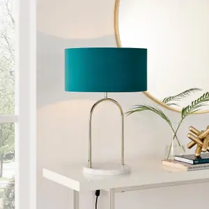 Furniturebox UK Danielle Table Lamp with Teal Velvet Shade and a Brass and Marble Base