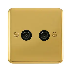 Curved Polished Brass 2 Gang Twin Coaxial TV Socket - Black Trim - SE Home