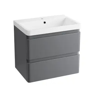 SunDaze 600mm Wall Hung 2 Drawer Vanity Unit Basin Storage Bathroom Furniture Gloss Grey