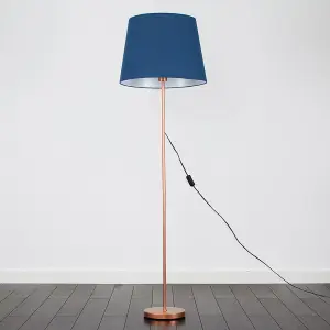 ValueLights Modern Copper Metal Standard Floor Lamp With Navy Blue Tapered Shade - Includes 6w LED Bulb 3000K Warm White