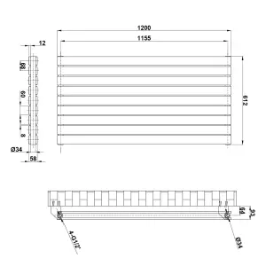 Porter Black Horizontal Double Flat Panel Radiator (W)1200mm x (H)612mm