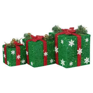 URBNLIVING Height 25cm 3 Piece Green Light Up LED Gift Box Christmas Decorations Fireplace Display Xmas Decor