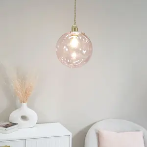 ValueLights Frenchie Pink Tinted Glass Globe Easy Fit Ceiling Light Shade with Brushed Gold Trim - LED Bulb Included