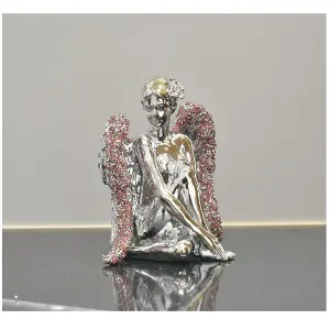 Pink Sitting Angel With Wide Wings Crushed Ornament Sparkle Diamond