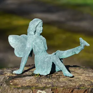 Cast Iron Fairy Statue Cherub Antique Style Verdigris Home Garden Ornament Sculpture