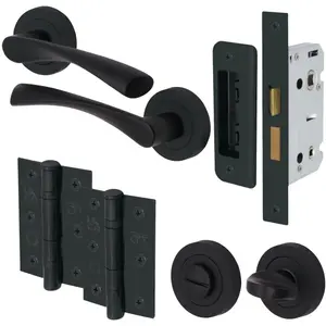 EAI - Black Door Handles Bathroom Swept Lever on Rose Kit / Pack - 64mm Bathroom Lock - 76mm Hinge - Matt Black