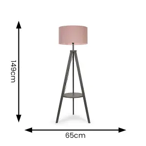 ValueLights Morrigan Modern Grey Wood Tripod Design Floor Lamp with Storage Shelf & Pink Drum Shade - Includes 6w LED Bulb 3000K